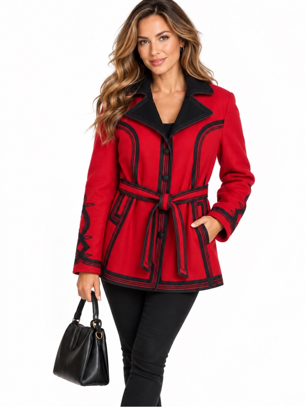 Red Black 100% Wool Soutache Jacket XL Belted Longline Contrast Trim Statement
